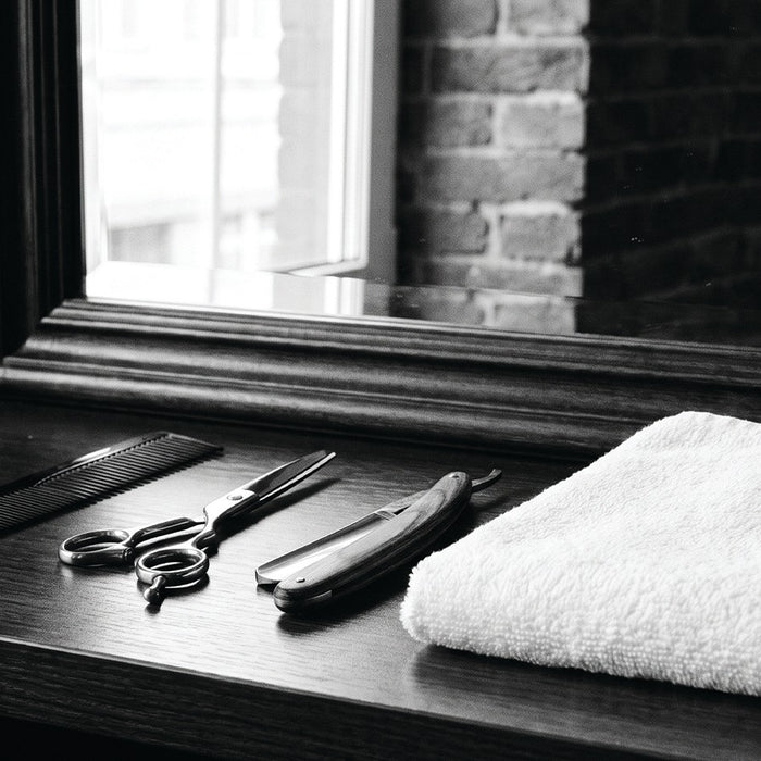 Ciseaux, peigne, rasoir et serviette sur un poste de barbier
