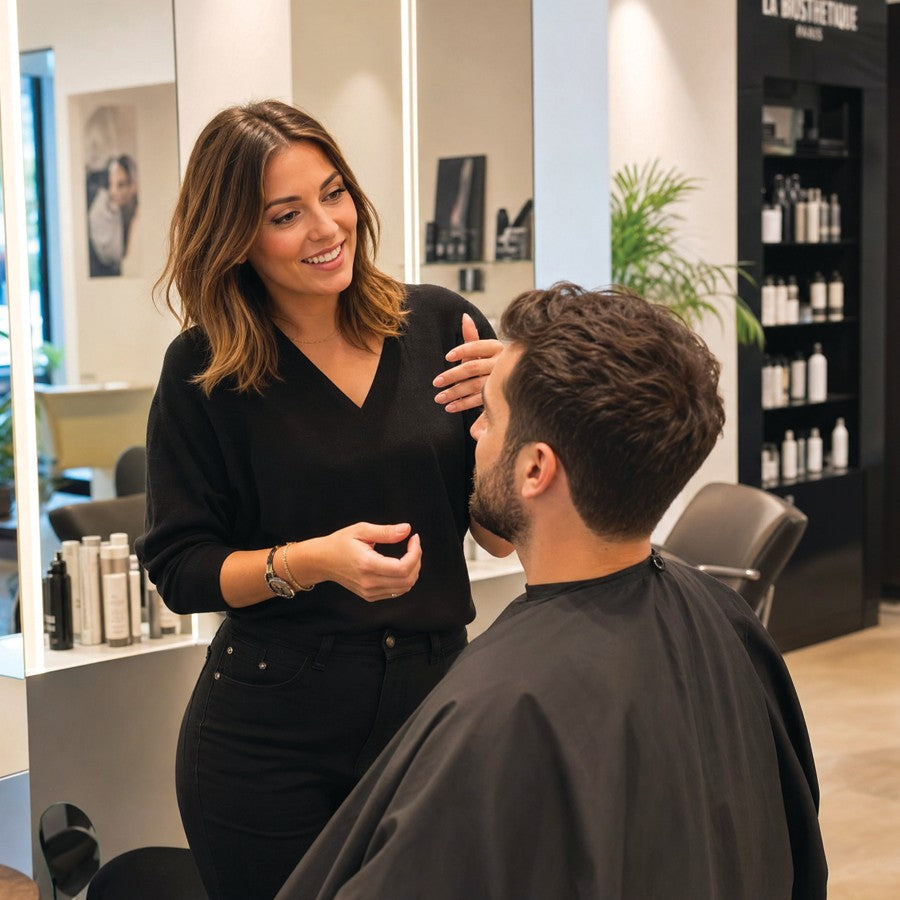 Coiffeuse conseillant un client homme dans un salon de coiffure mixte