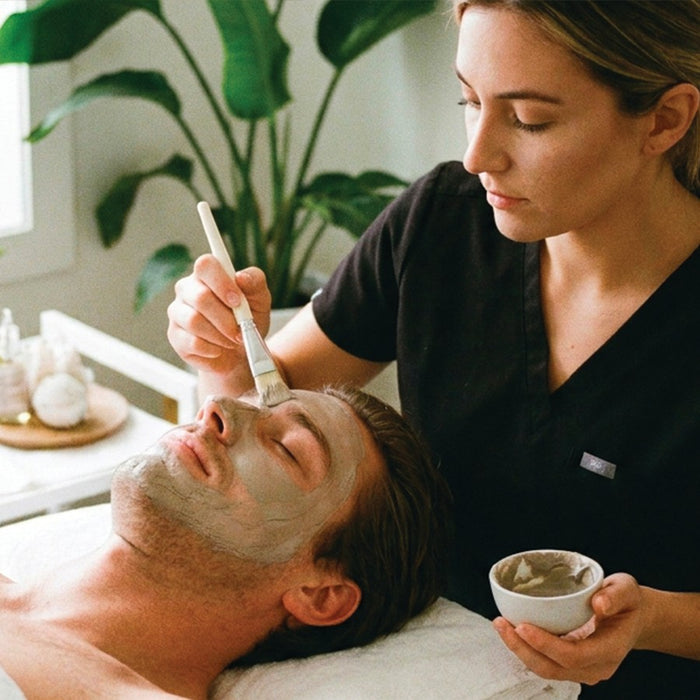 Masque visage appliqué au pinceau sur un client homme